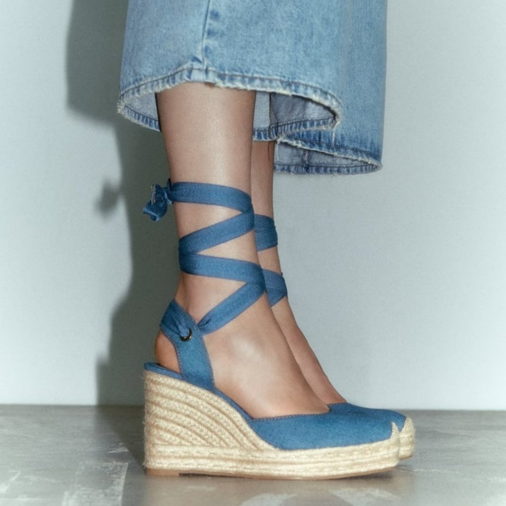 ZARA TIED DENIM WEDGES Blue Sz 9
